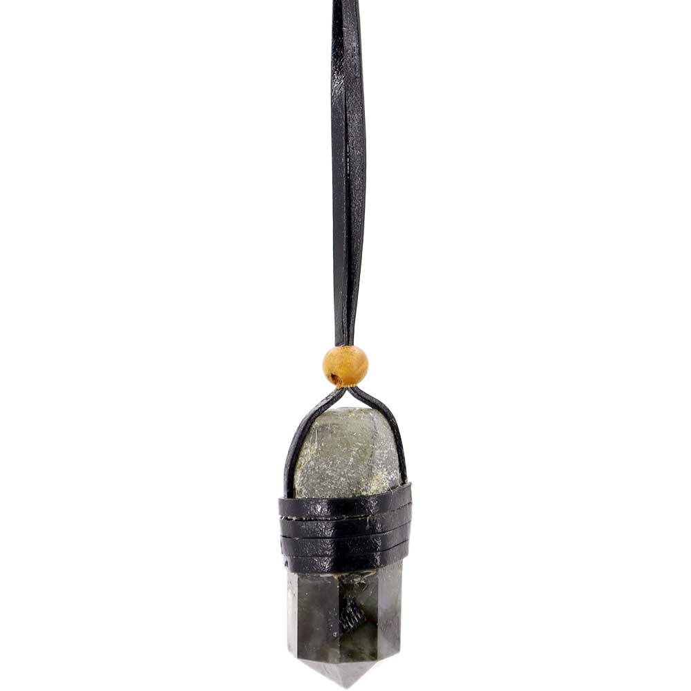 NECKLACE-FACETED POINT-LEATHER WRAP LABRADORITE